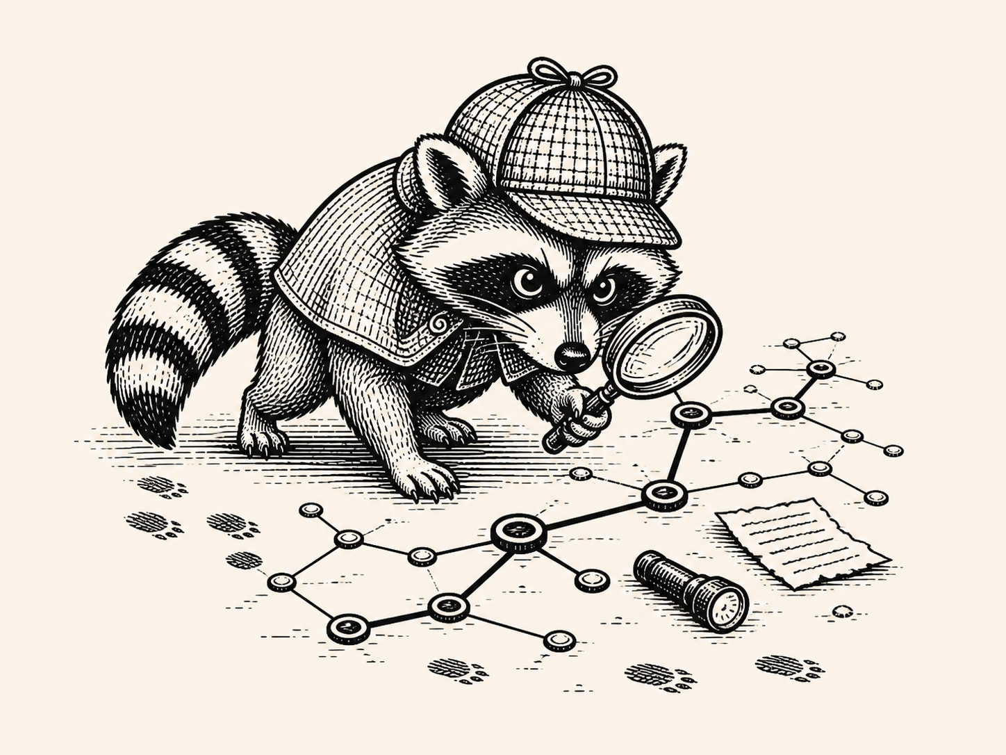 RACFHound mascot — a raccoon detective examining a graph